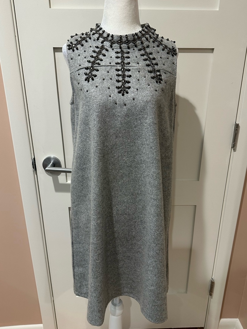 Lili Sidonio by Molly Bracken gray felt look embellished neckline trapeze dress